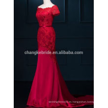 Elegante rojo corto mangas de gasa de raso vestido de dama de honor vestido largo vestido de encaje
